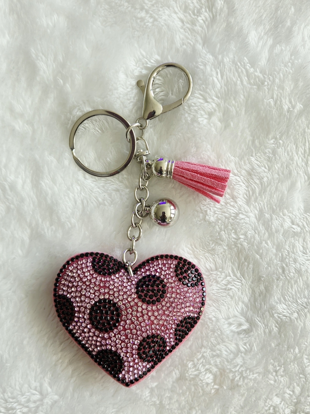 Pink Polka Dot Heart Keychain with Tassel Bling Bag Charm